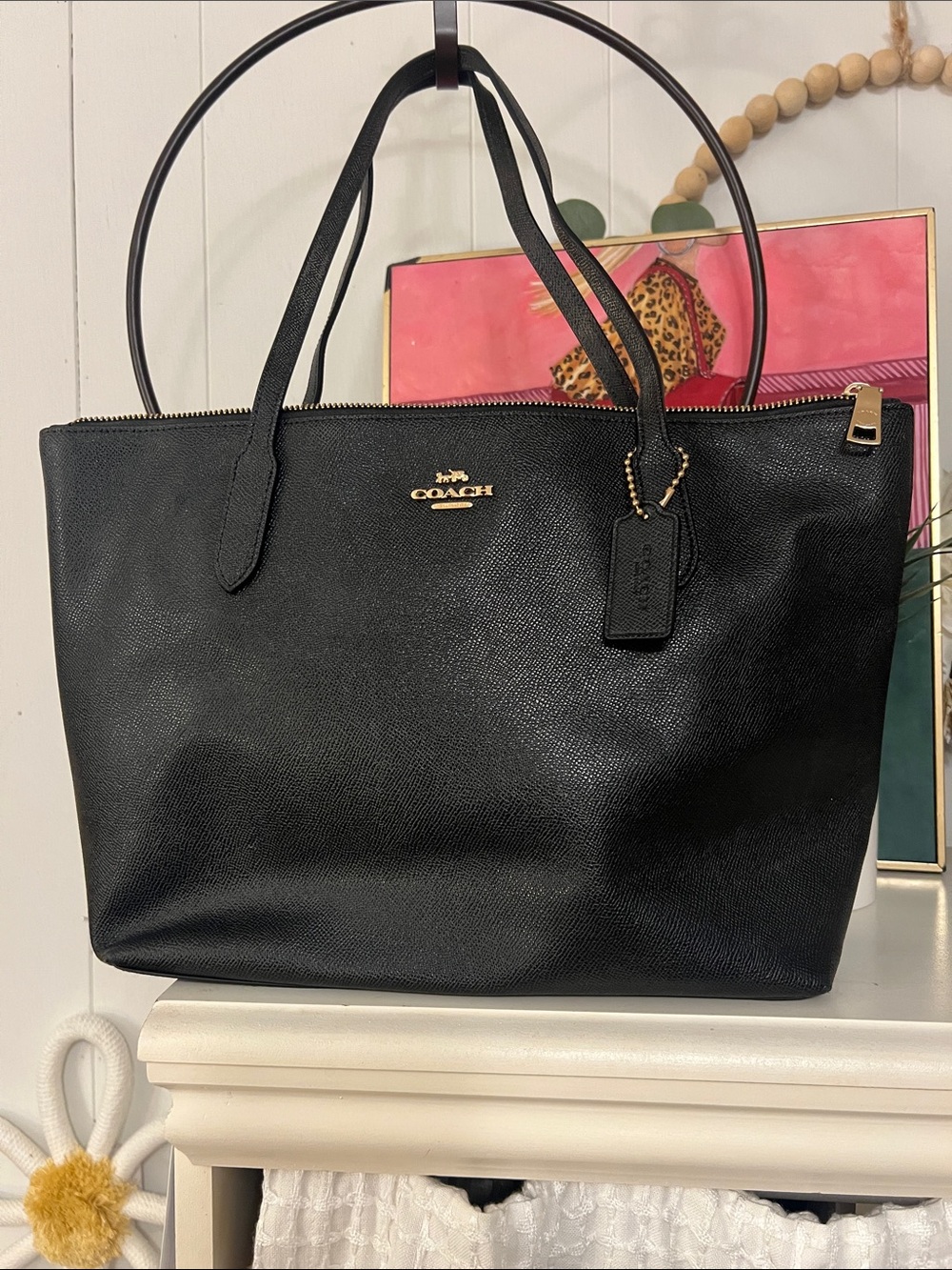 Coach Black Leather Zip-Top Tote with Gold Hardware style 4454